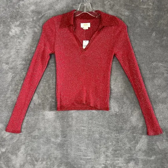 Maeve Anthropologie Blouse Womens XS Red Sparkle Cropped Holiday NWT - Picture 1 of 10